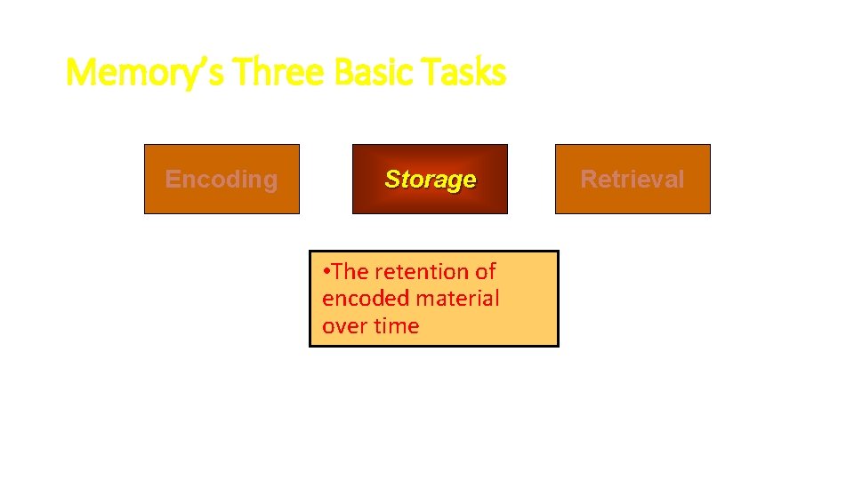 Memory’s Three Basic Tasks Encoding Storage • The retention of encoded material over time