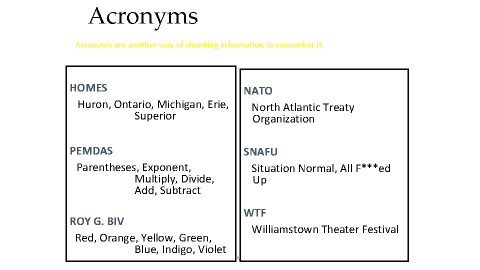 Acronyms are another way of chunking information to remember it. HOMES Huron, Ontario, Michigan,