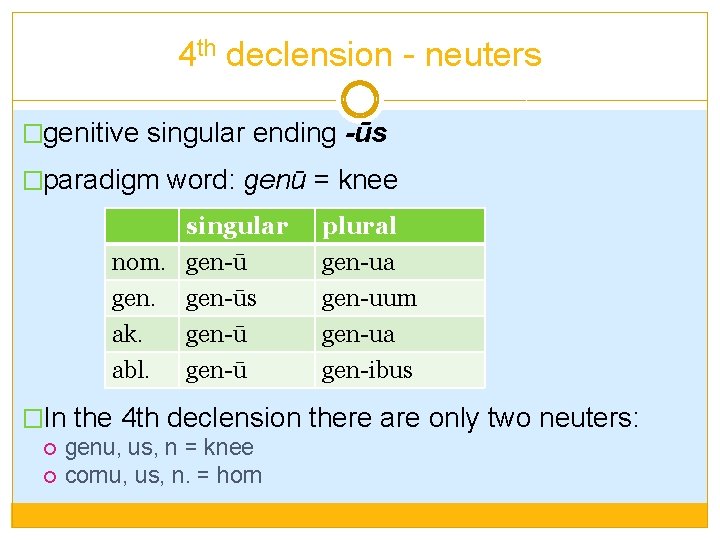 4 th declension - neuters �genitive singular ending -ūs �paradigm word: genū = knee