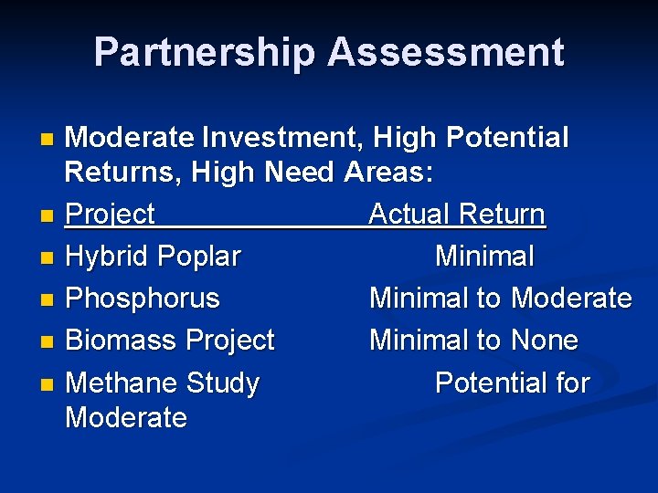 Partnership Assessment Moderate Investment, High Potential Returns, High Need Areas: n Project Actual Return