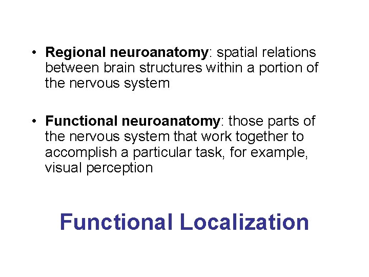  • Regional neuroanatomy: spatial relations between brain structures within a portion of the