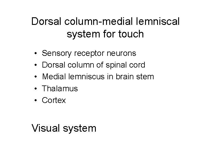 Dorsal column-medial lemniscal system for touch • • • Sensory receptor neurons Dorsal column