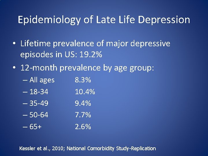 Epidemiology of Late Life Depression • Lifetime prevalence of major depressive episodes in US: