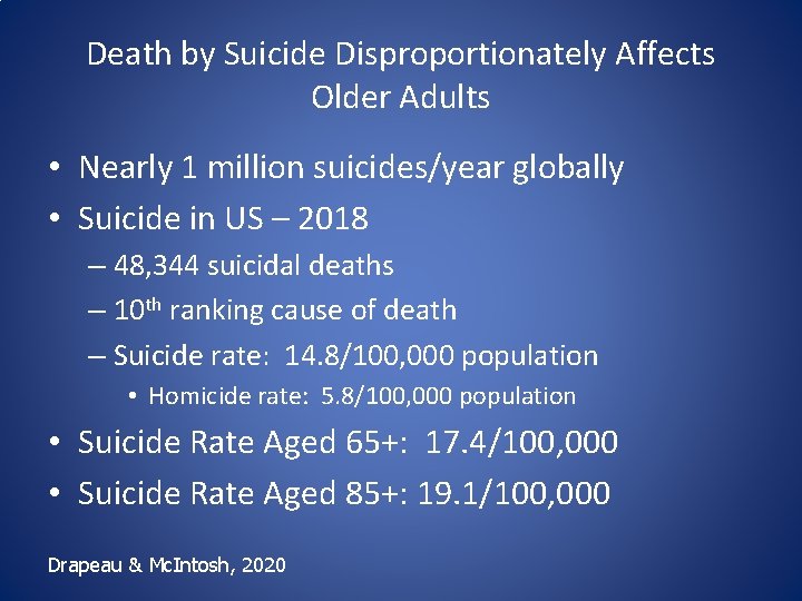 Death by Suicide Disproportionately Affects Older Adults • Nearly 1 million suicides/year globally •