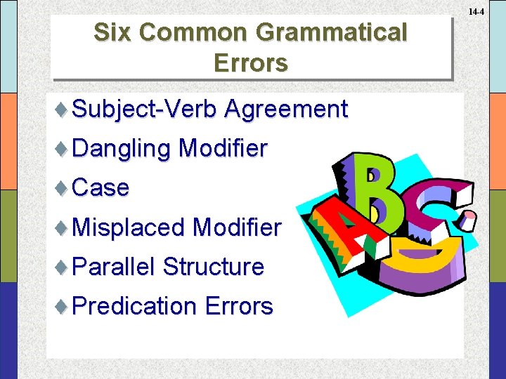 14 -4 Six Common Grammatical Errors ¨Subject-Verb Agreement ¨Dangling Modifier ¨Case ¨Misplaced Modifier ¨Parallel