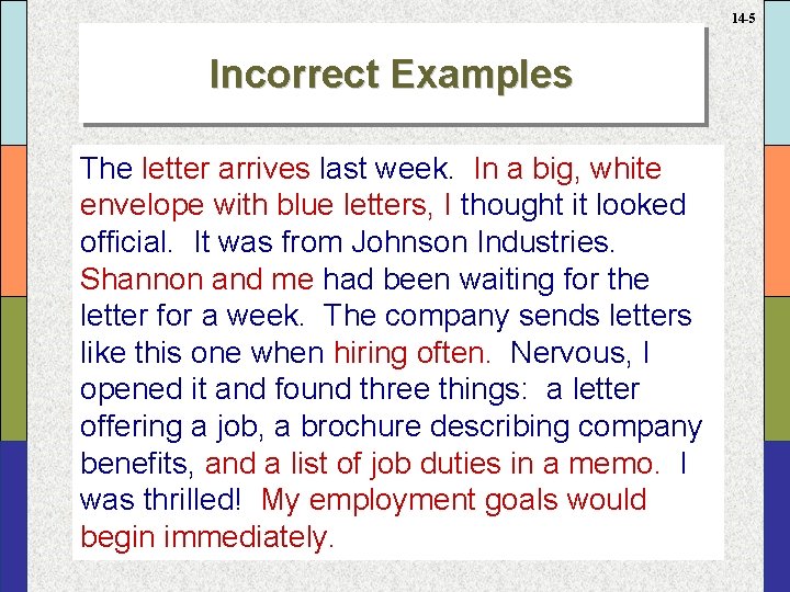 14 -5 Incorrect Examples The letter arrives last week. In a big, white envelope