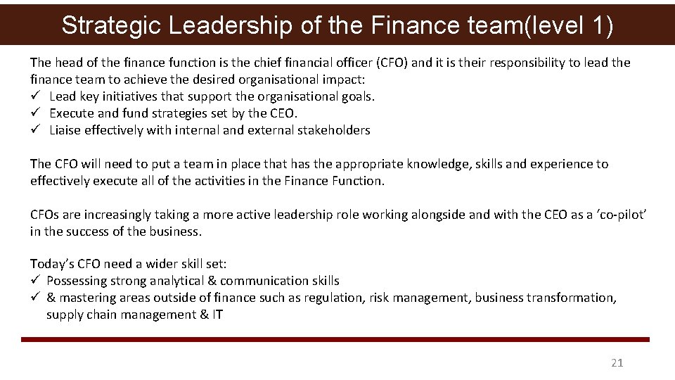 Strategic Leadership of the Finance team(level 1) The head of the finance function is