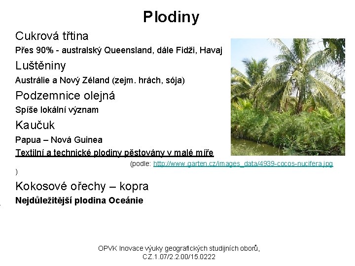 Plodiny Cukrová třtina Přes 90% - australský Queensland, dále Fidži, Havaj Luštěniny Austrálie a