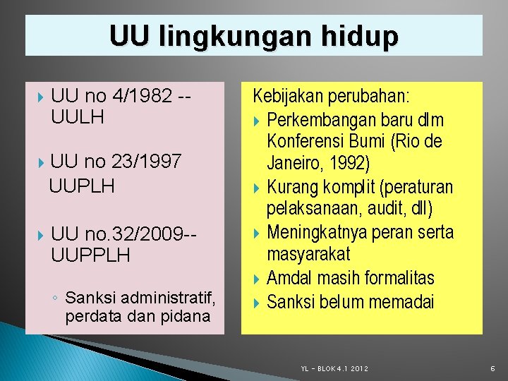 UU lingkungan hidup UU no 4/1982 -UULH UU no 23/1997 UUPLH UU no. 32/2009