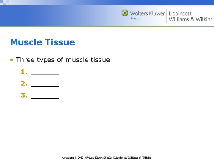 Muscle Tissue • Three types of muscle tissue 1. ______ 2. ______ 3. ______