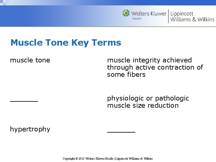 Muscle Tone Key Terms muscle tone muscle integrity achieved through active contraction of some