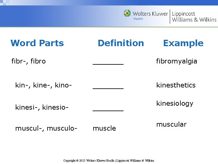 Word Parts Definition Example ______ fibromyalgia kin-, kine-, kino- ______ kinesthetics kinesi-, kinesio- ______
