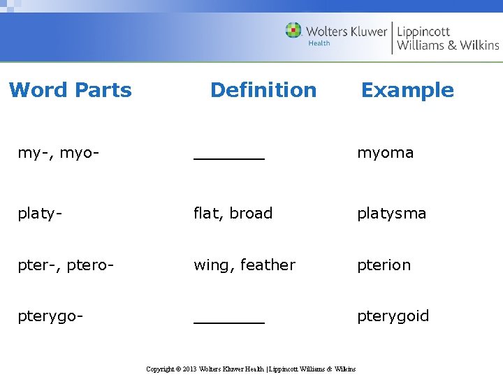 Word Parts Definition Example my-, myo- ______ myoma platy- flat, broad platysma pter-, ptero-