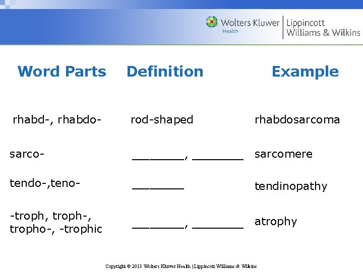 Word Parts Definition Example rhabd-, rhabdo- rod-shaped rhabdosarcoma sarco- ______, ______ sarcomere tendo-, teno-