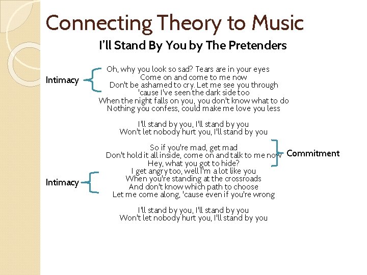 Connecting Theory to Music I’ll Stand By You by The Pretenders Intimacy Oh, why
