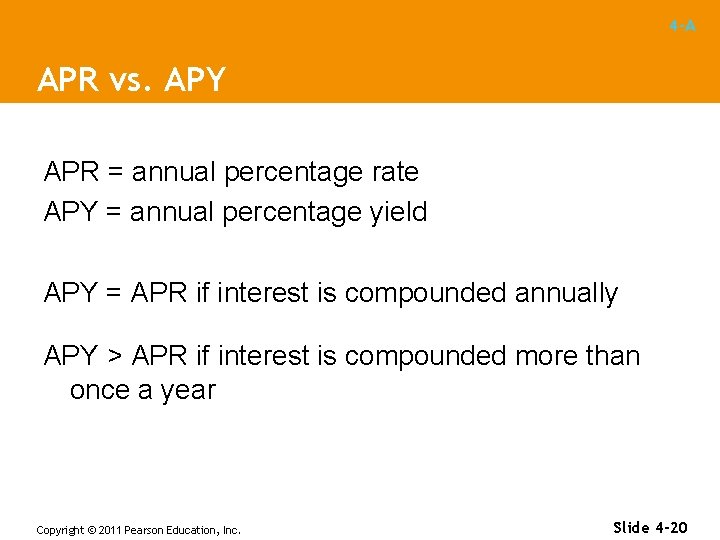 4 -A APR vs. APY APR = annual percentage rate APY = annual percentage