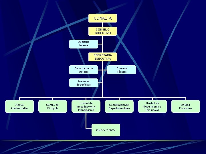 CONALFA CONSEJO DIRECTIVO Auditoria Interna SECRETARIA EJECUTIVA Departamento Jurídico Consejo Técnico Asesores Específicos Apoyo