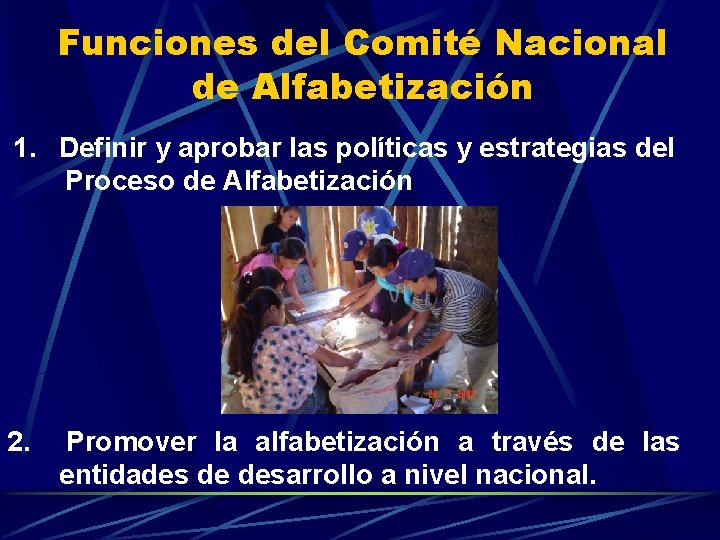 Funciones del Comité Nacional de Alfabetización 1. Definir y aprobar las políticas y estrategias