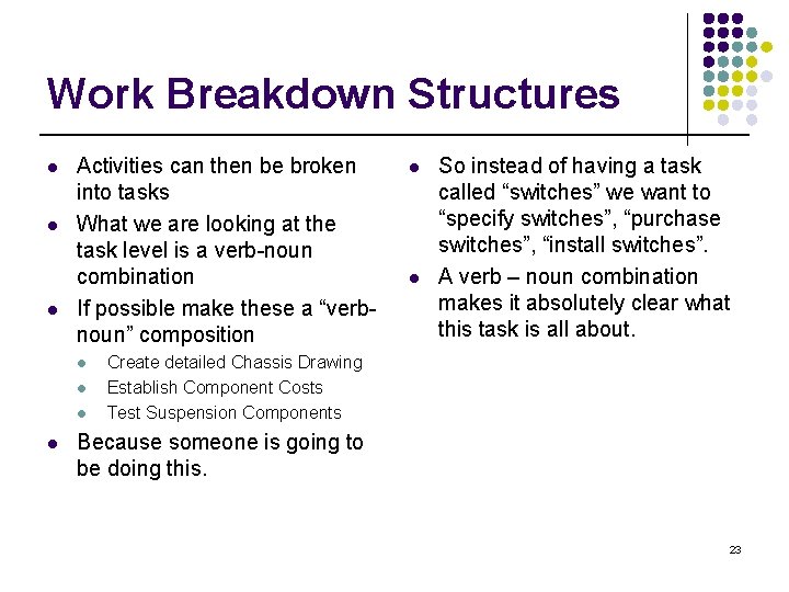 Work Breakdown Structures l l l Activities can then be broken into tasks What