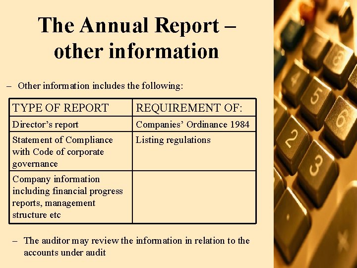 The Annual Report – other information – Other information includes the following: TYPE OF