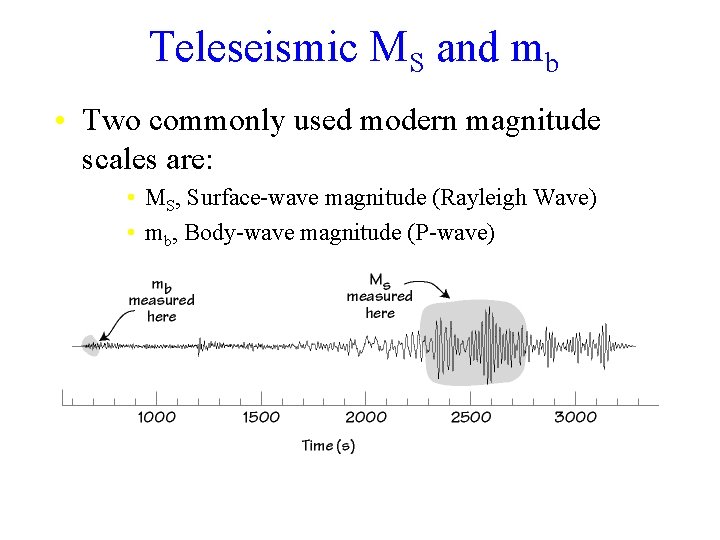 Teleseismic MS and mb • Two commonly used modern magnitude scales are: • MS,