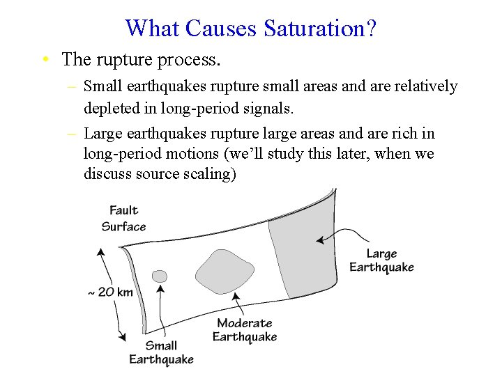What Causes Saturation? • The rupture process. – Small earthquakes rupture small areas and