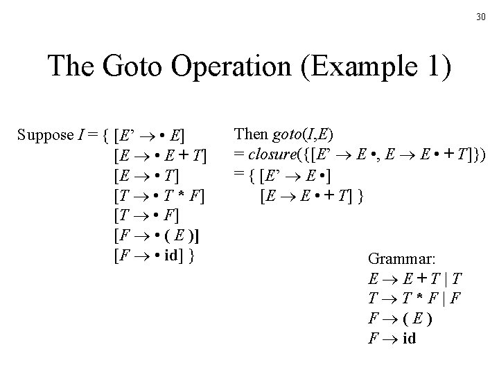 30 The Goto Operation (Example 1) Suppose I = { [E’ • E] [E