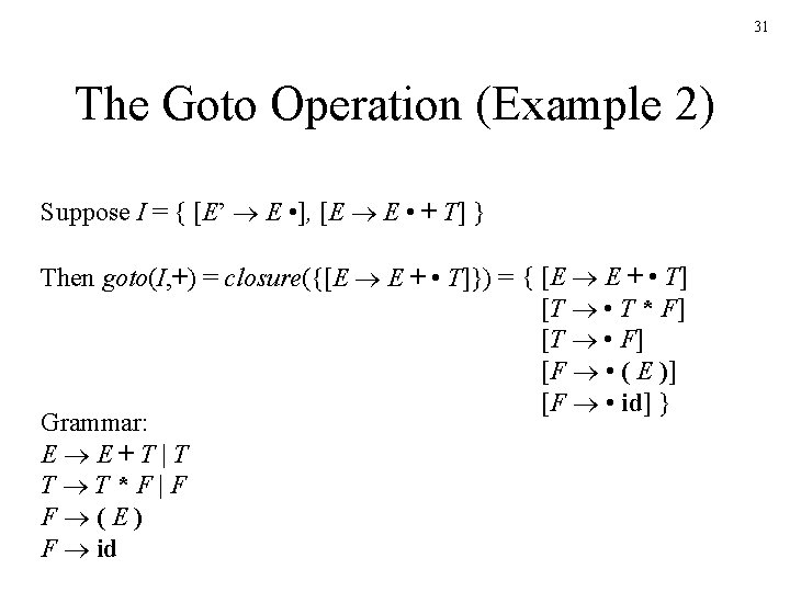 31 The Goto Operation (Example 2) Suppose I = { [E’ E • ],