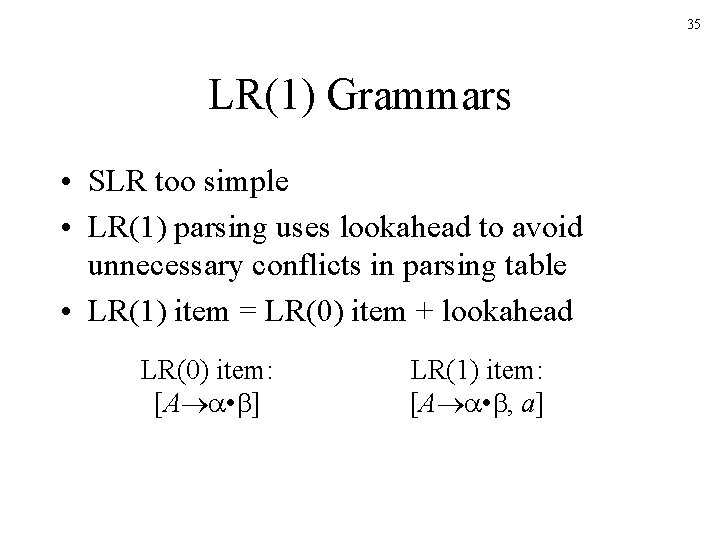 35 LR(1) Grammars • SLR too simple • LR(1) parsing uses lookahead to avoid