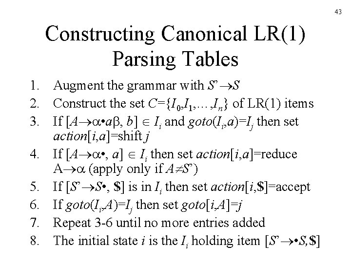 43 Constructing Canonical LR(1) Parsing Tables 1. Augment the grammar with S’ S 2.