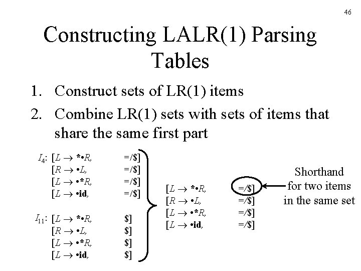 46 Constructing LALR(1) Parsing Tables 1. Construct sets of LR(1) items 2. Combine LR(1)