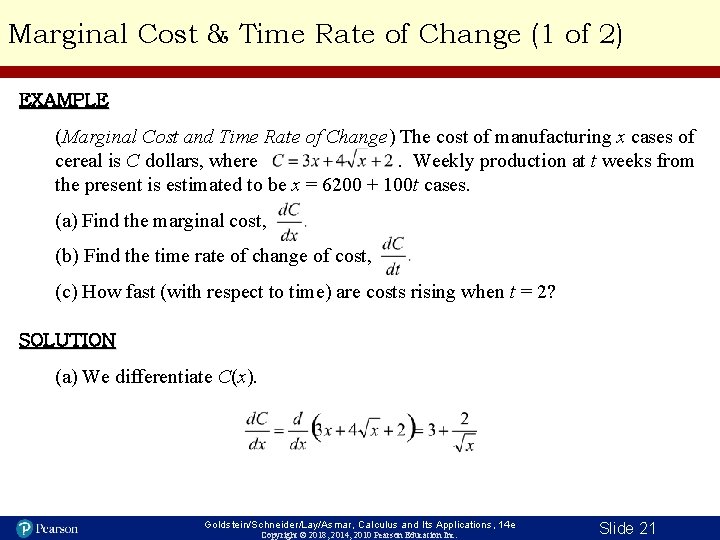 Marginal Cost & Time Rate of Change (1 of 2) EXAMPLE (Marginal Cost and