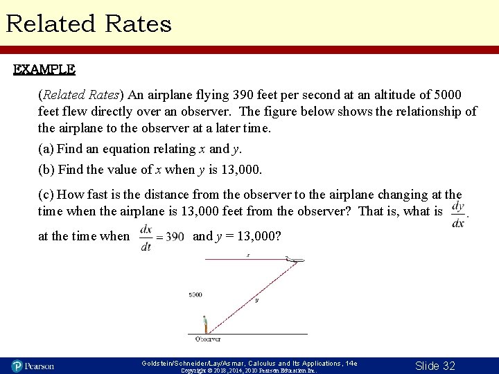 Related Rates EXAMPLE (Related Rates) An airplane flying 390 feet per second at an