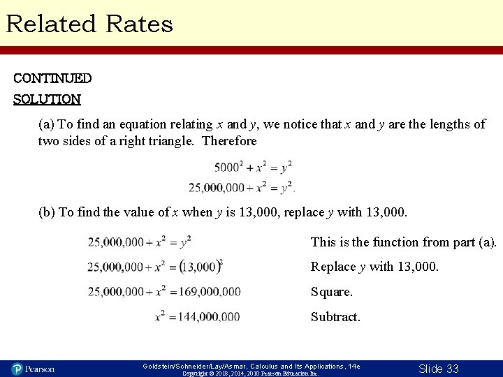 Related Rates CONTINUED SOLUTION (a) To find an equation relating x and y, we