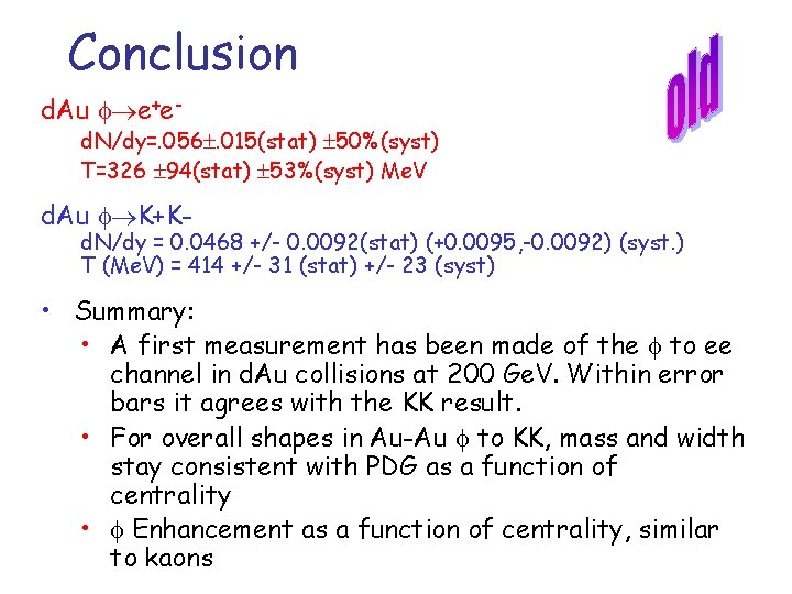 Conclusion d. Au e+e- d. N/dy=. 056. 015(stat) 50%(syst) T=326 94(stat) 53%(syst) Me. V Conclusion d. Au e+e- d. N/dy=. 056. 015(stat) 50%(syst) T=326 94(stat) 53%(syst) Me. V