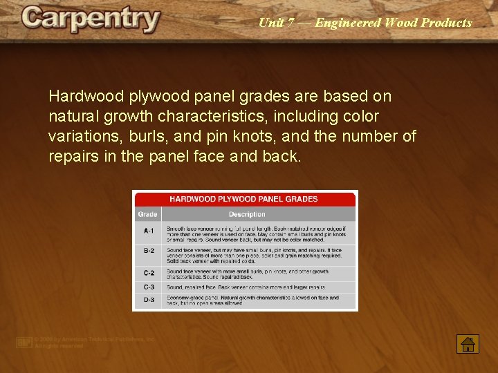 Unit 7 — Engineered Wood Products Hardwood plywood panel grades are based on natural