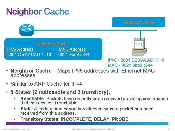 Neighbor Cache IPv 6 Address MAC Address 2001: DB 8: ACAD: 1: : 10