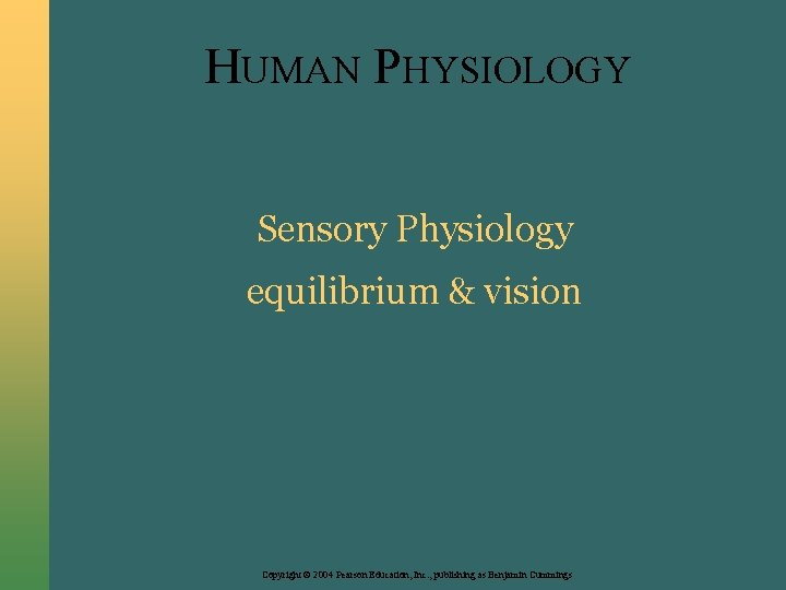 HUMAN PHYSIOLOGY Sensory Physiology equilibrium & vision Copyright © 2004 Pearson Education, Inc. ,