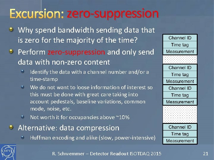 Excursion: zero-suppression Why spend bandwidth sending data that is zero for the majority of