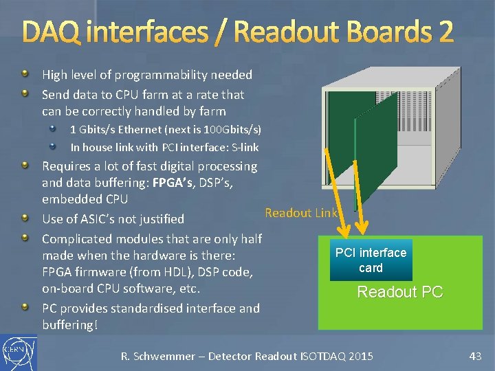 DAQ interfaces / Readout Boards 2 High level of programmability needed Send data to