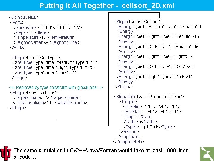 Putting It All Together - cellsort_2 D. xml <Compu. Cell 3 D> <Potts> <Dimensions