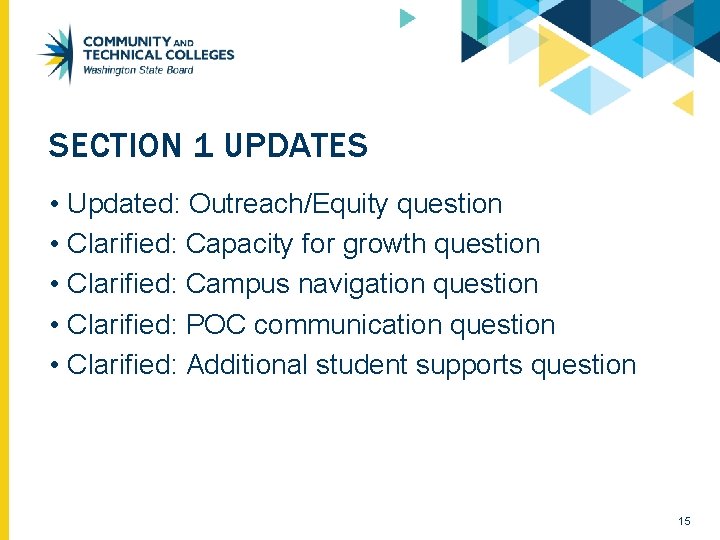 SECTION 1 UPDATES • Updated: Outreach/Equity question • Clarified: Capacity for growth question • SECTION 1 UPDATES • Updated: Outreach/Equity question • Clarified: Capacity for growth question •