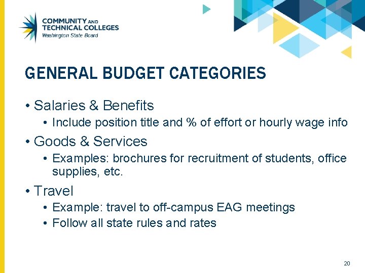 GENERAL BUDGET CATEGORIES • Salaries & Benefits • Include position title and % of GENERAL BUDGET CATEGORIES • Salaries & Benefits • Include position title and % of