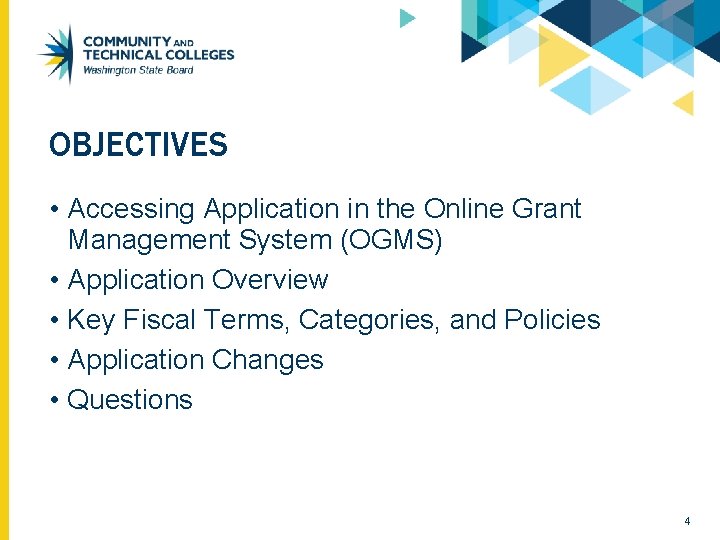 OBJECTIVES • Accessing Application in the Online Grant Management System (OGMS) • Application Overview OBJECTIVES • Accessing Application in the Online Grant Management System (OGMS) • Application Overview