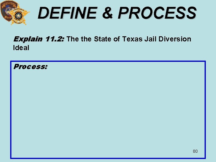 DEFINE & PROCESS Explain 11. 2: The the State of Texas Jail Diversion Ideal