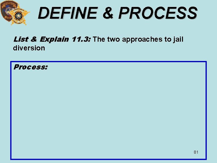 DEFINE & PROCESS List & Explain 11. 3: The two approaches to jail diversion