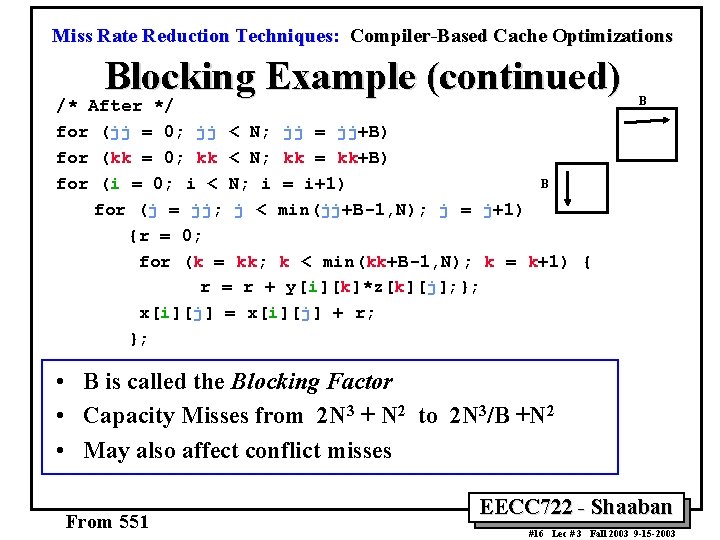 Miss Rate Reduction Techniques: Compiler-Based Cache Optimizations Blocking Example (continued) /* After */ for