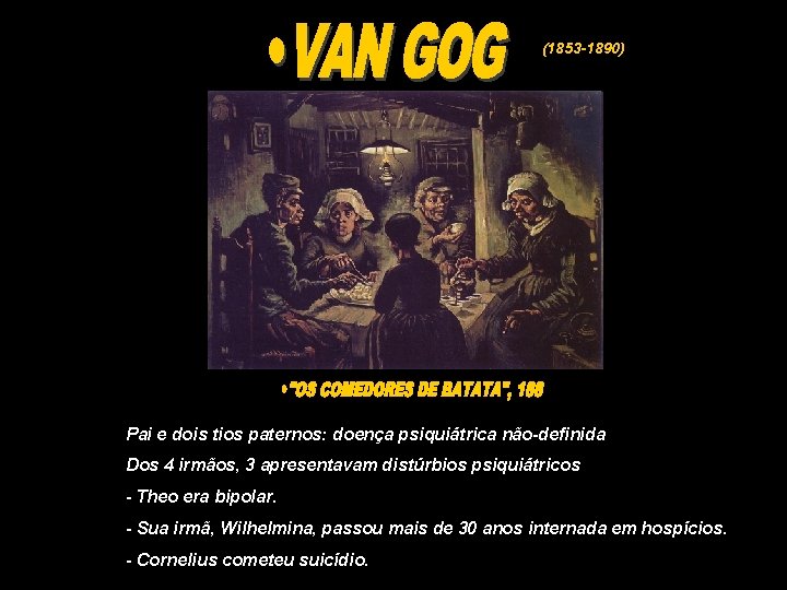 (1853 -1890) Pai e dois tios paternos: doença psiquiátrica não-definida Dos 4 irmãos, 3 (1853 -1890) Pai e dois tios paternos: doença psiquiátrica não-definida Dos 4 irmãos, 3