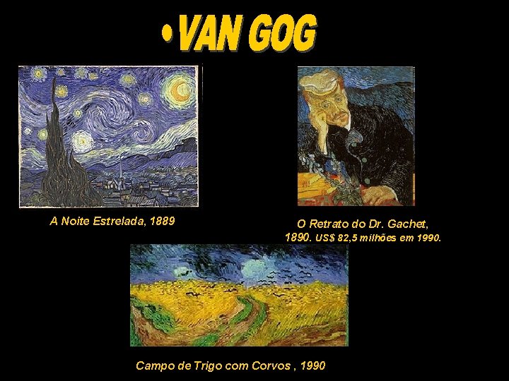 A Noite Estrelada, 1889 O Retrato do Dr. Gachet, 1890. US$ 82, 5 milhões A Noite Estrelada, 1889 O Retrato do Dr. Gachet, 1890. US$ 82, 5 milhões