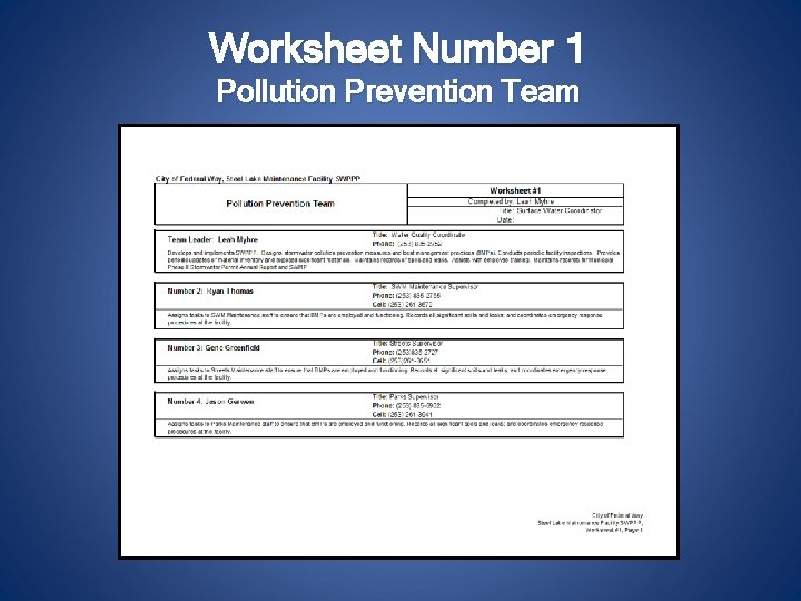 Worksheet Number 1 Pollution Prevention Team 